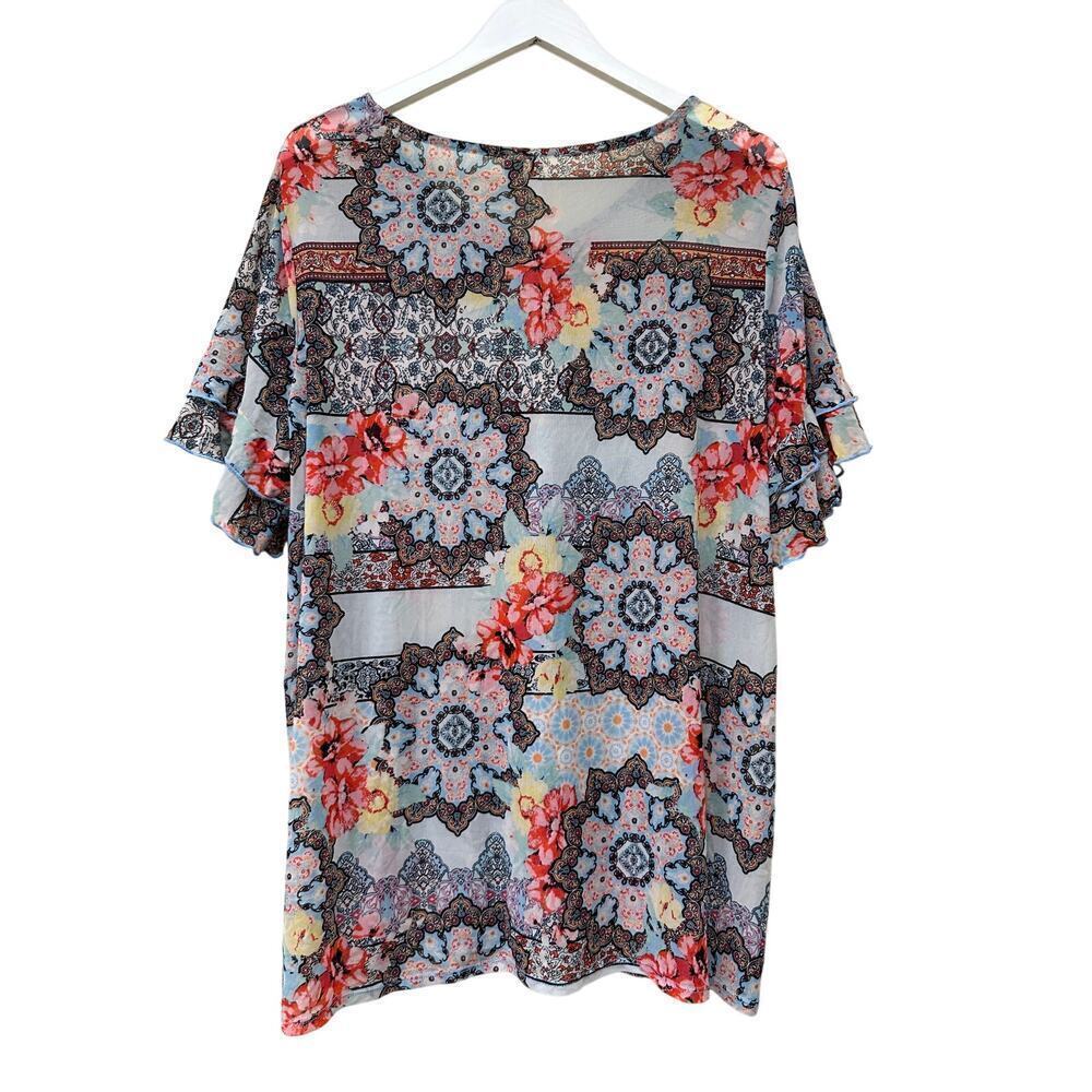 Size 18 W Plus Mesh Cato Boho Floral Colorful Unique Stretch Vacation Top Shirt - Picture 3 of 10